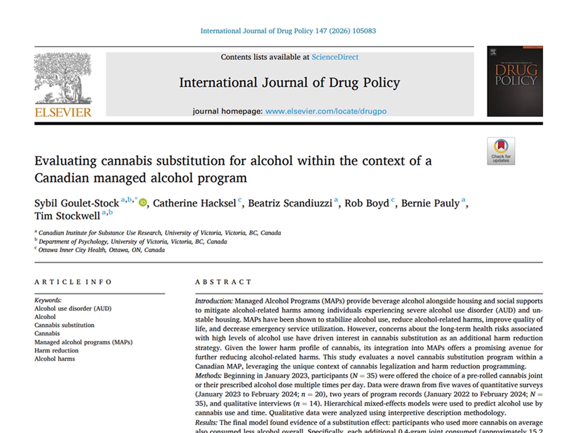 First page of the 2026 International Journal of Drug Policy article on cannabis substitution for alcohol in a Canadian managed alcohol program.